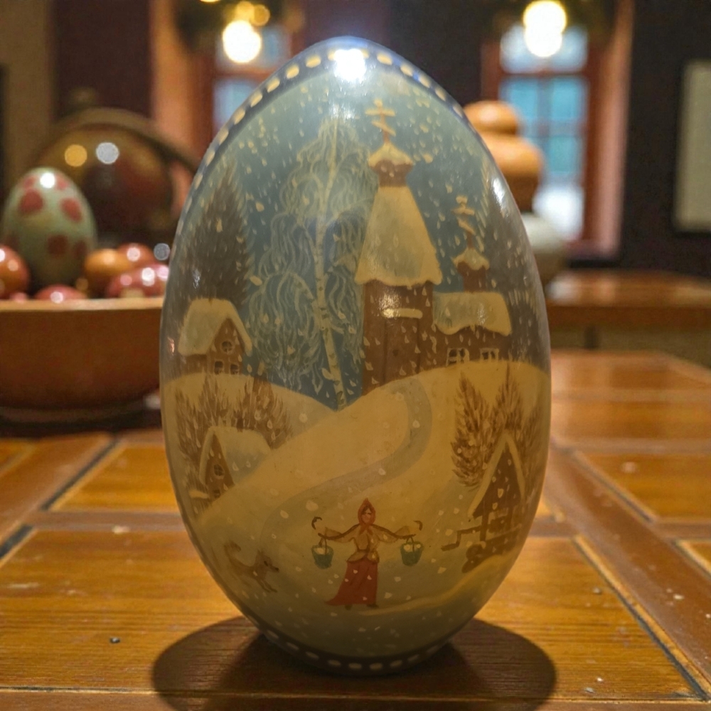 Vintage Russian Hand Painted Charming Winter Village Art Egg From The 90s